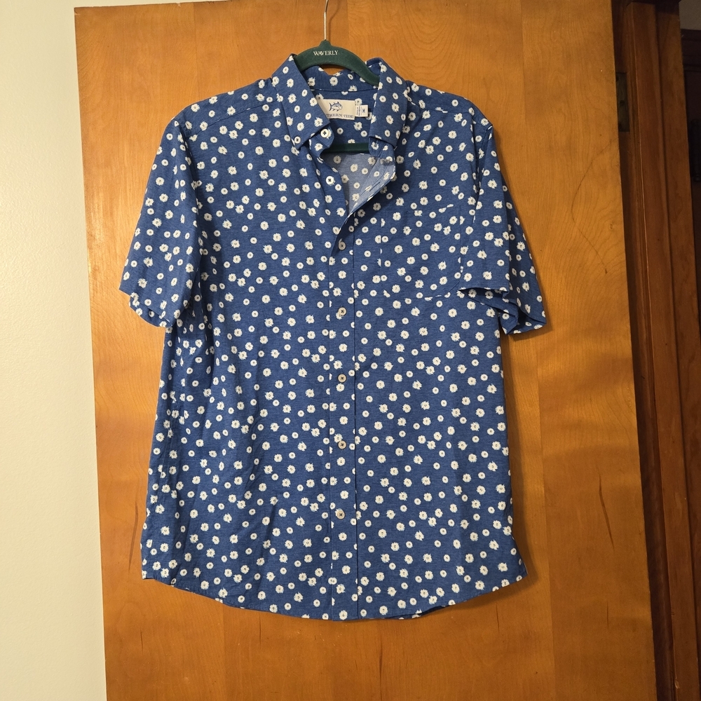 Southern Tide Poppin' Poppies Short Sleeve Blue & White Button Down Shirt Size M